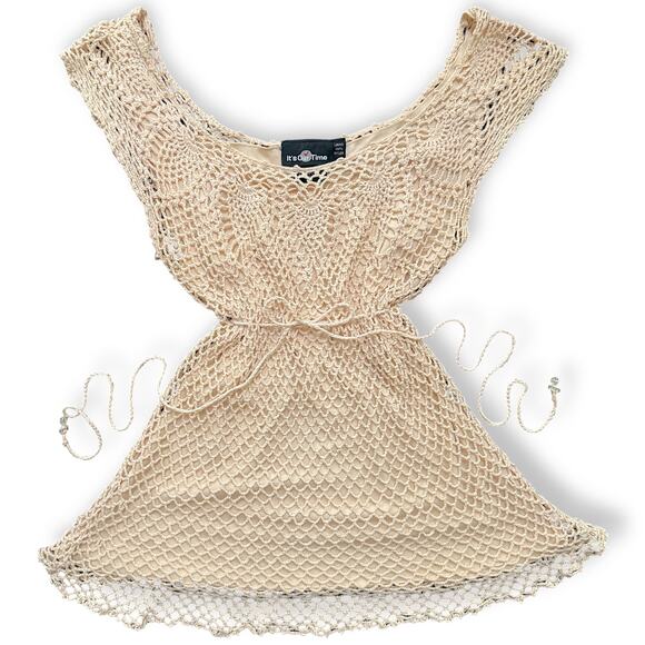 Y2K Crochet Open Weave Tank Top Scalloped Hem Boho Fairycore VTG Festival Chic S - Picture 2 of 14